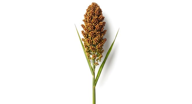 A close-up shot of a sorghum plant, against plain background. The sorghum plant has green leaves and a brown head of grains.