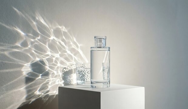 Blank clear glass bottle mockup with dramatic caustic light patterns