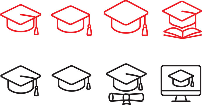 Education graduation cap icons set with diploma and computer monitor variations in black and red outline design theme.
