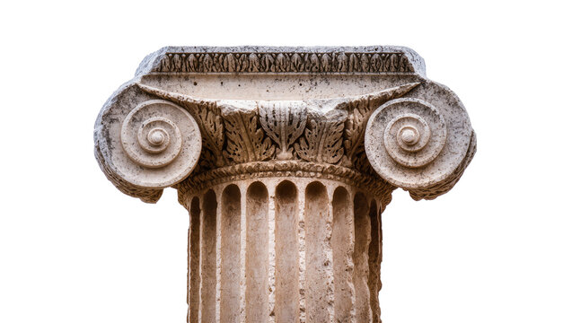 Ancient Ionic column capital with volutes and acanthus leaves, isolated on transparent background