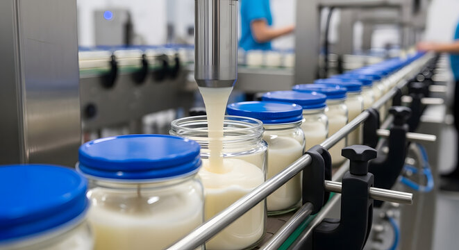 Dairy production line with jars of milk on conveyor belt in factory