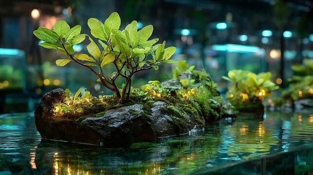 Closeup aquascape with plants stones and filtration bubbles wallpapers