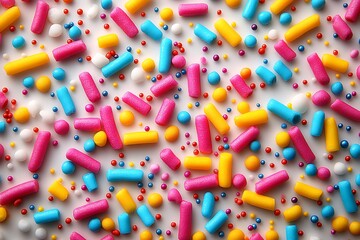 Fototapeta premium An overhead arrangement of colorful elongated and spherical candy sprinkles on a clean white surface