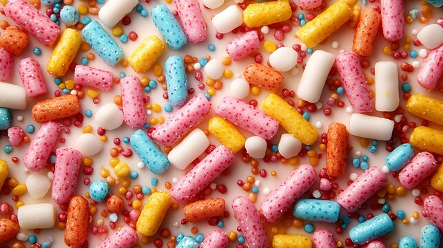 An overhead view of colorful candy sprinkles and small round candies scattered on a light surface