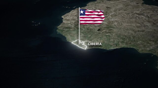 Liberia Map Animation with 3D Waving of Liberia National Flag and Glowing Border Animation on World Map