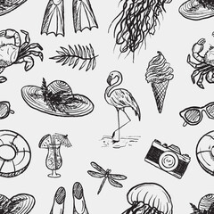 Seamless summer pattern with flamingos, ice cream, and sea life. Hand drawn vector sketch illustration in vintage doodle crayon charcoal style. Perfect for beach themes and vacation decor © Nataliya Pokrovska