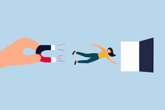 Flat vector illustration of a person being pulled by a magnet towards an open door.