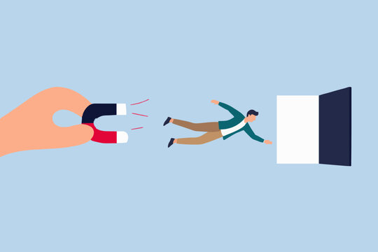 Business illustration showing man pulled by magnet force toward open office doorway.