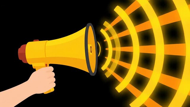 Professional yellow megaphone held by a human hand emitting powerful glowing orange sound waves on a dark background representing communication marketing alert news public speaking broadcasting and lo
