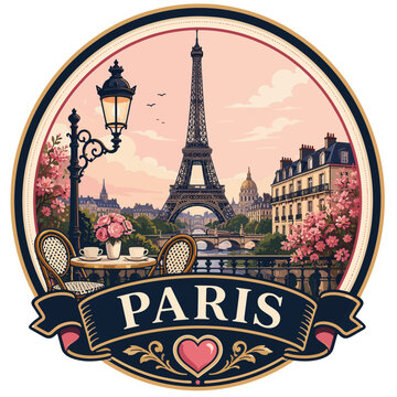 Romantic travel badge vector for Paris with tower silhouette, cafe table, street lamp and clean circular emblem design.