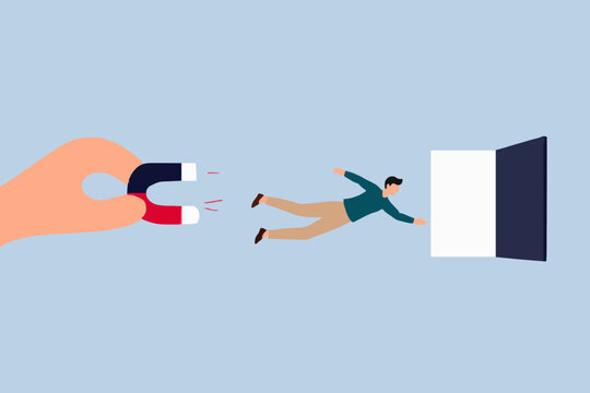 Conceptual illustration of magnet pulling person towards door for job opportunity.