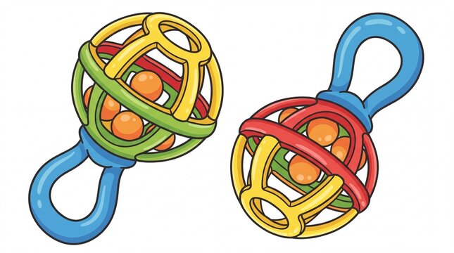 Baby rattle toy with colorful balls inside sensory play and development illustration design