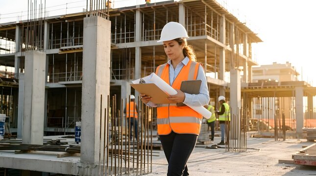 Female construction engineer in a white hard hat and orange safety vest reviewing blueprints and a digital tablet on an active building site during golden hour