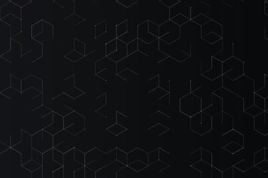 Abstract geometric network of cubes and hexagons with colorful dots