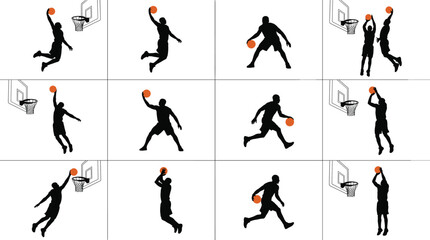Dynamic basketball player silhouettes performing dribbling, dunking, shooting, passing actions with orange balls, energetic sports illustration emphasizing athletic motion and competitive play © MdShahadat