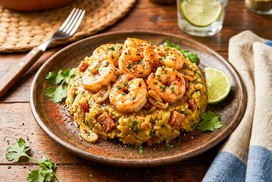 Traditional Puerto Rican Mofongo with Savory Garlic Shrimp Topping and Fresh Cilantro on Rustic Plate