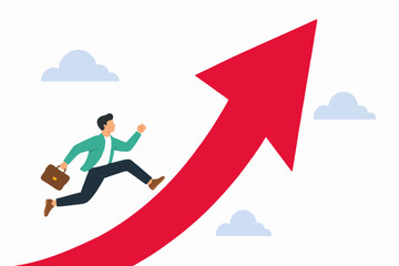 Obraz premium Young businessman running up a big red arrow representing business success and gain.