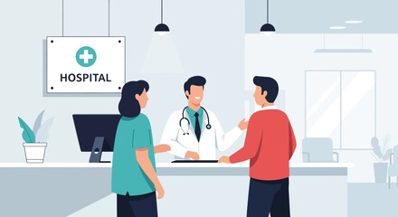 Fototapeta premium Doctor Talking To Patients At Hospital Reception Desk, Healthcare Concept