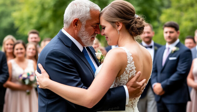 Romantic father and bride dance at wedding &ndash; tender embrace on dance floor close-up