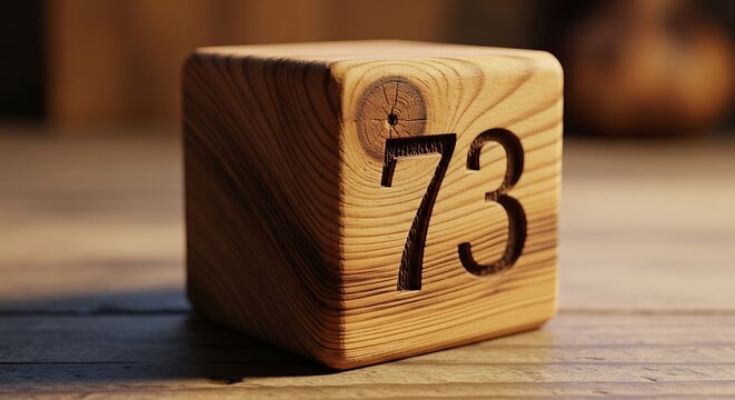 A wooden block with the number seventy three etched onto its surface