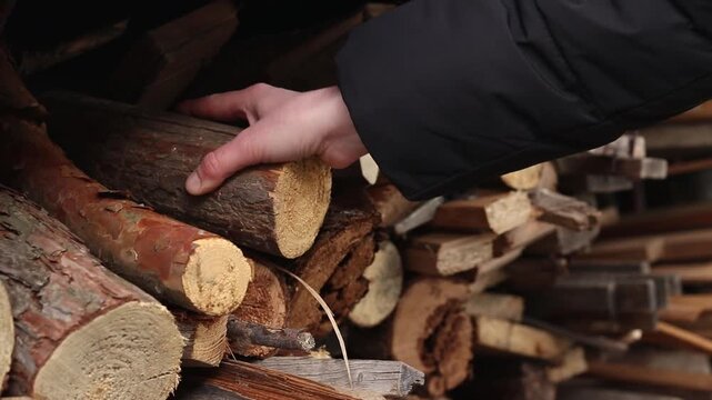Close-up of a hand putting wood into a pile of prepared firewood. Concept of fuel harvesting, home heating and rural life. A woman's hand stacks logs in a pile, close-up. Preparing firewood