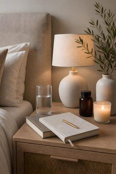 Minimalist bedside table with water, notebook and candle for evening routine