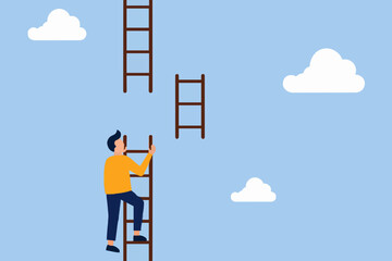 Business person climbing wooden ladder to reach higher success in blue sky setting. © SHAILA