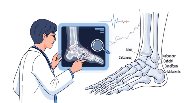 Doctor examines foot x-ray and anatomy, medical diagnosis concept