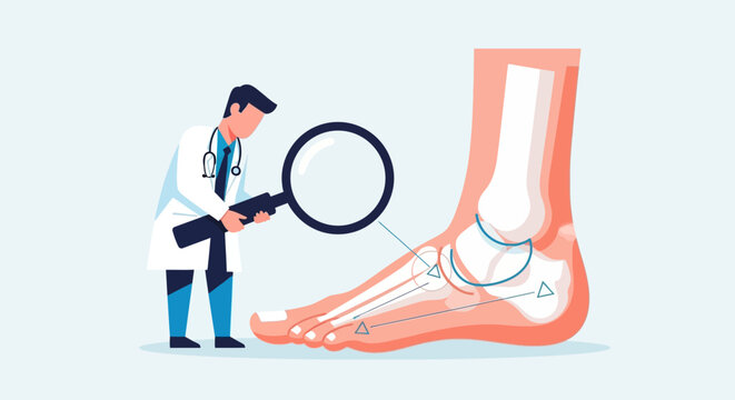 Doctor examines human foot anatomy with magnifying glass, bone structure illustration