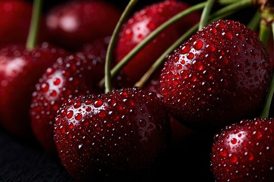 Fresh red cherries showing water drops on dark background