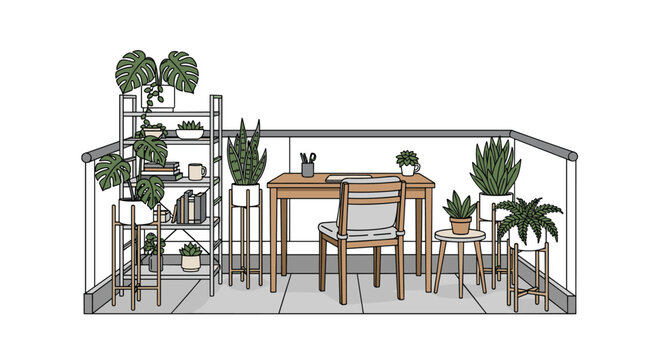 Productive balcony workspace is surrounded by lush greenery with a wooden desk, ergonomic chair, and multiple plant stands and shelves.