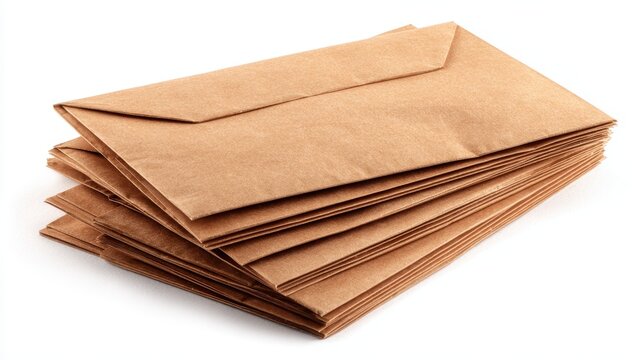 Stack of brown paper envelopes isolated on white background