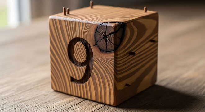 A rustic wooden cube clock displaying the number nine closeup shot