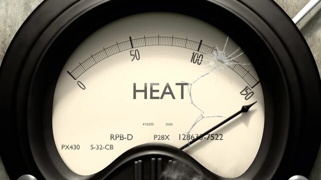 Heat meter showing big levels of heat. Dangerously increasing high values of heat, critical overload. Too much, off the charts. Max heat