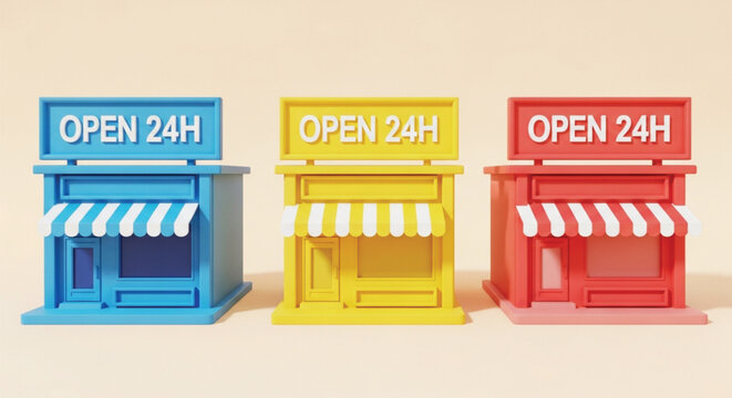 Three colorful small storefronts in blue yellow and red colors with open twenty four hours signs on top for retail business and convenience store concept.
