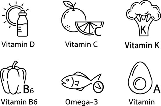 Vitamin nutrition icons set featuring vitamin D C K B6 omega 3 and A healthy food flat vector illustration design