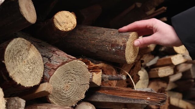 Close-up of a hand putting wood into a pile of prepared firewood. Concept of fuel harvesting, home heating and rural life. A woman's hand stacks logs in a pile, close-up. Preparing firewood