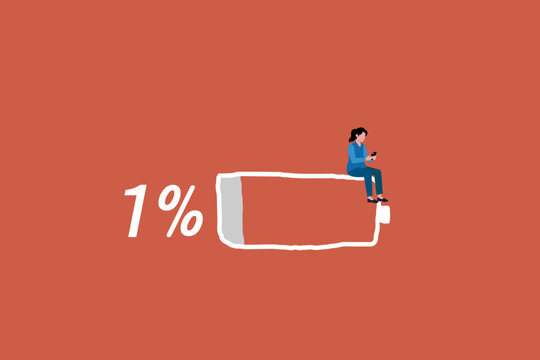 Minimalist illustration shows low battery level symbol with woman using smartphone representing business productivity burnout energy crisis and digital dependence