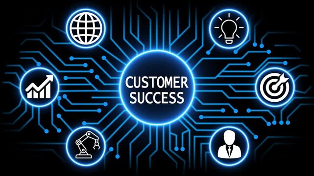 customer success concept with circuit lines and digital symbols hovering above a businessman, technology. manufacturing process management all connected in a digital circle like pattern.