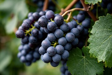 Naklejka premium Ripening red grapes hanging on a vine in a vineyard
