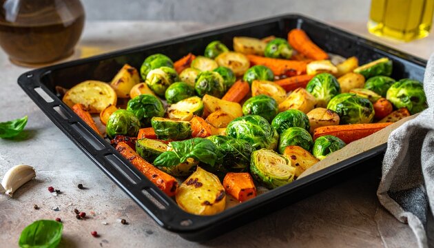 Rosenkohl vom Blech mit Karotten und Kartoffeln