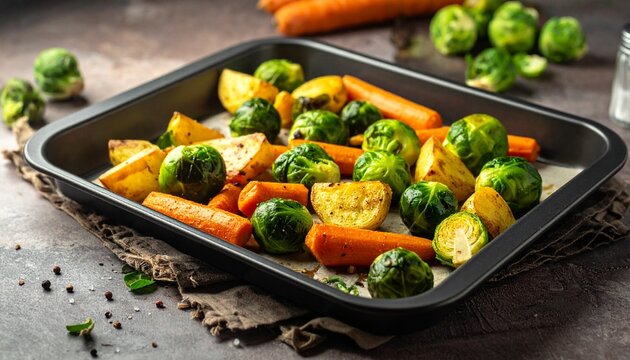 Rosenkohl vom Blech mit Karotten und Kartoffeln