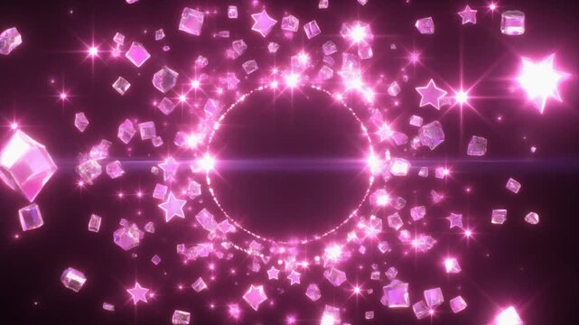 Pink Glitter Star Ring Frame Background, Sparkling Gem Particles with Copy Space Video Still　ピンクのキラキラ星リングフレーム背景動画 黒背景に宝石のような粒子