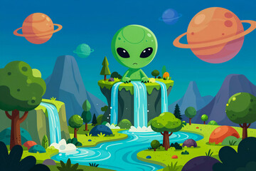 Fototapeta premium Whimsical alien landscape with cute green extraterrestrial character sitting near waterfall under colorful planets