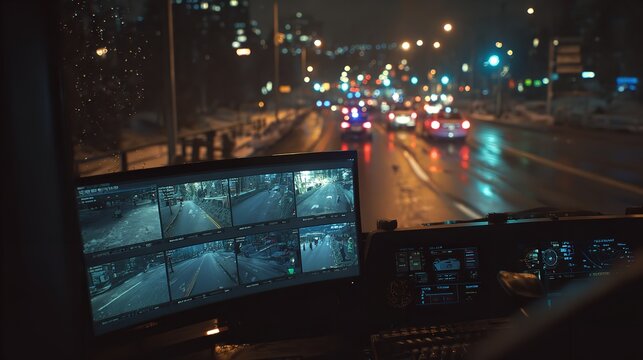 A glowing TV screen captures the vibrant nightlife of a dark urban city street where clubs and bars light up the evening traffic and people