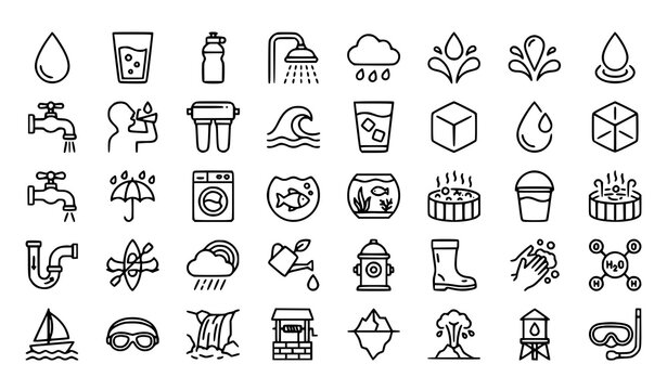 Water outline icon set with hydration drinking shower rain and purification symbols editable stroke vector