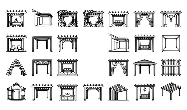 Modern pergola outline icons in circular layout outdoor living structures editable stroke vector set