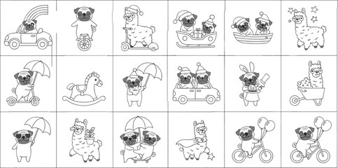 Cute Kawaii Pug Dog and Llama Character Vector Set Featuring Animals Driving Cars Riding Bicycles and Holiday Celebration Theme for Kids Design © SHANJIDA
