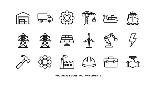 Industrial and construction elements icon set with various machinery and tools