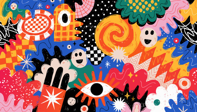 Creative chaotic illustration with geometric patterns, eyes, and playful faces